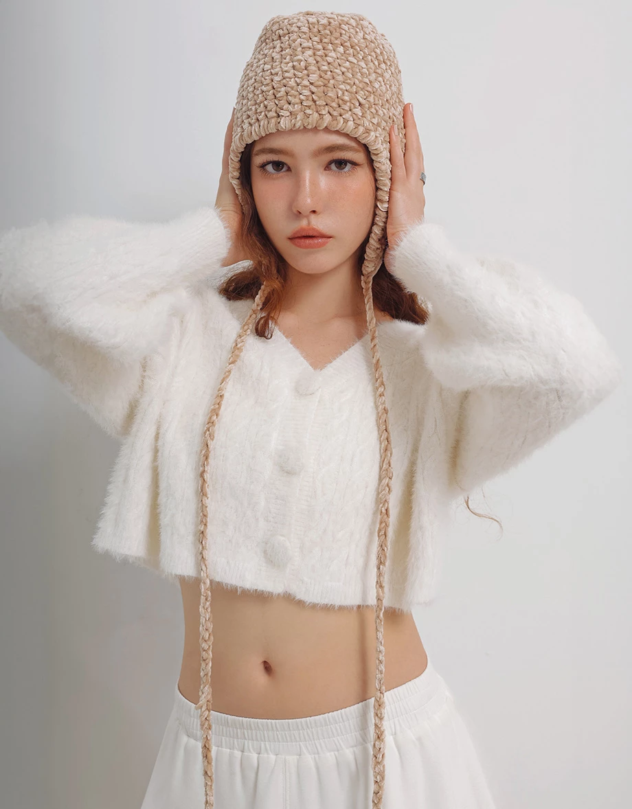 V Neck Fluffy Knit Cropped Cardigan with Button Accents