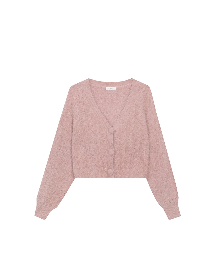 V Neck Fluffy Knit Cropped Cardigan with Button Accents