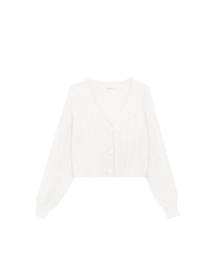 V Neck Fluffy Knit Cropped Cardigan with Button Accents