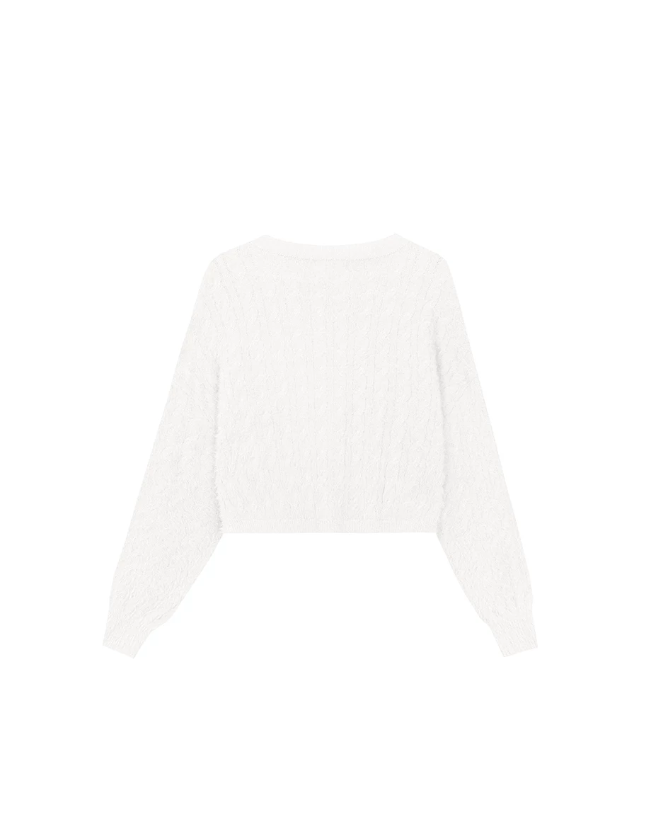 V Neck Fluffy Knit Cropped Cardigan with Button Accents