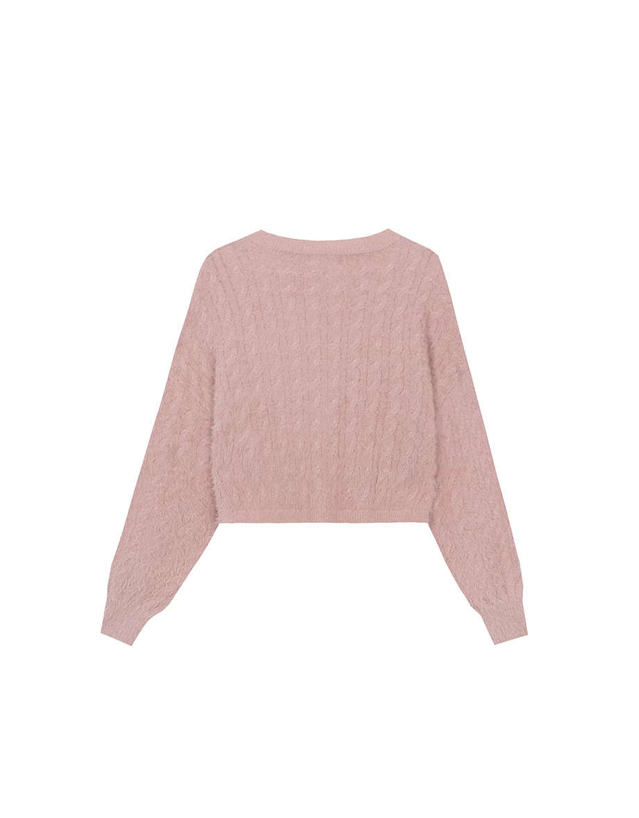 V Neck Fluffy Knit Cropped Cardigan with Button Accents V Neck Fluffy Knit Cropped Cardigan with Button Accents