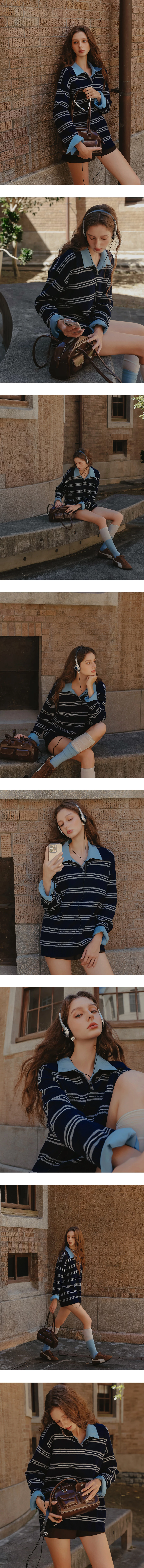 Vintage Striped Knitted Polo Collar Sweater