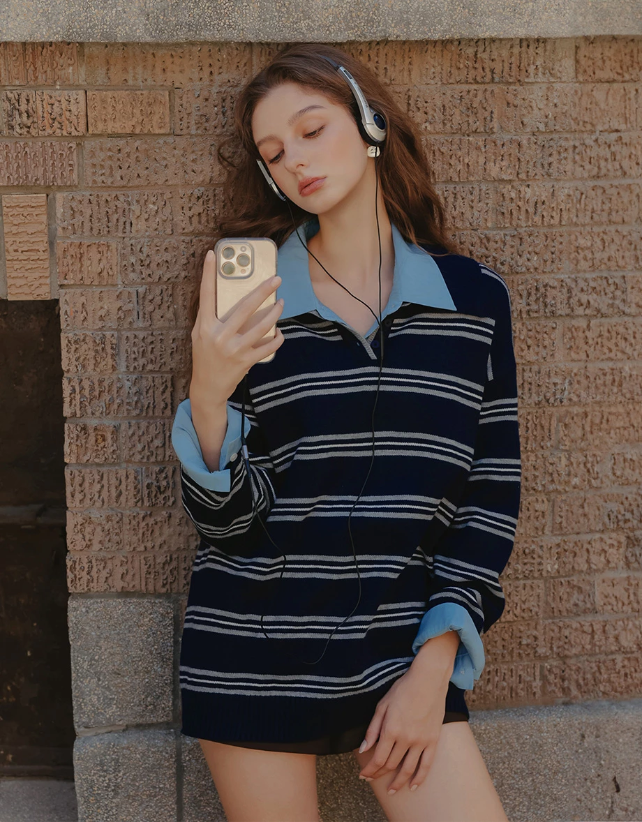 Vintage Striped Knitted Polo Collar Sweater