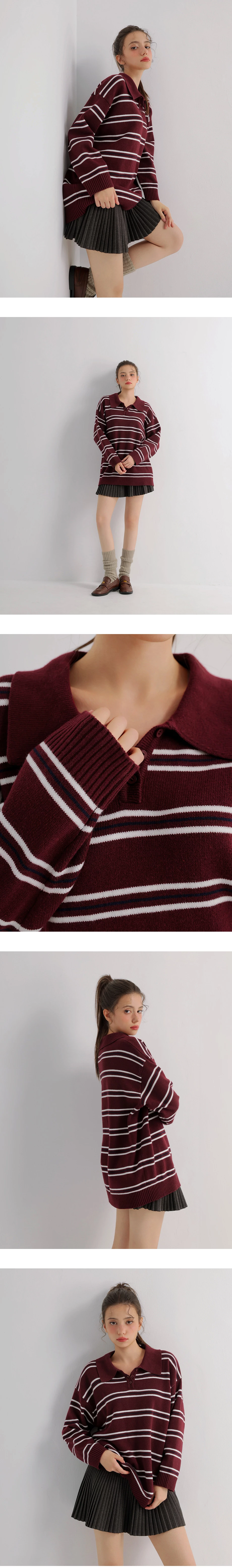 Vintage Striped Knitted Polo Collar Sweater
