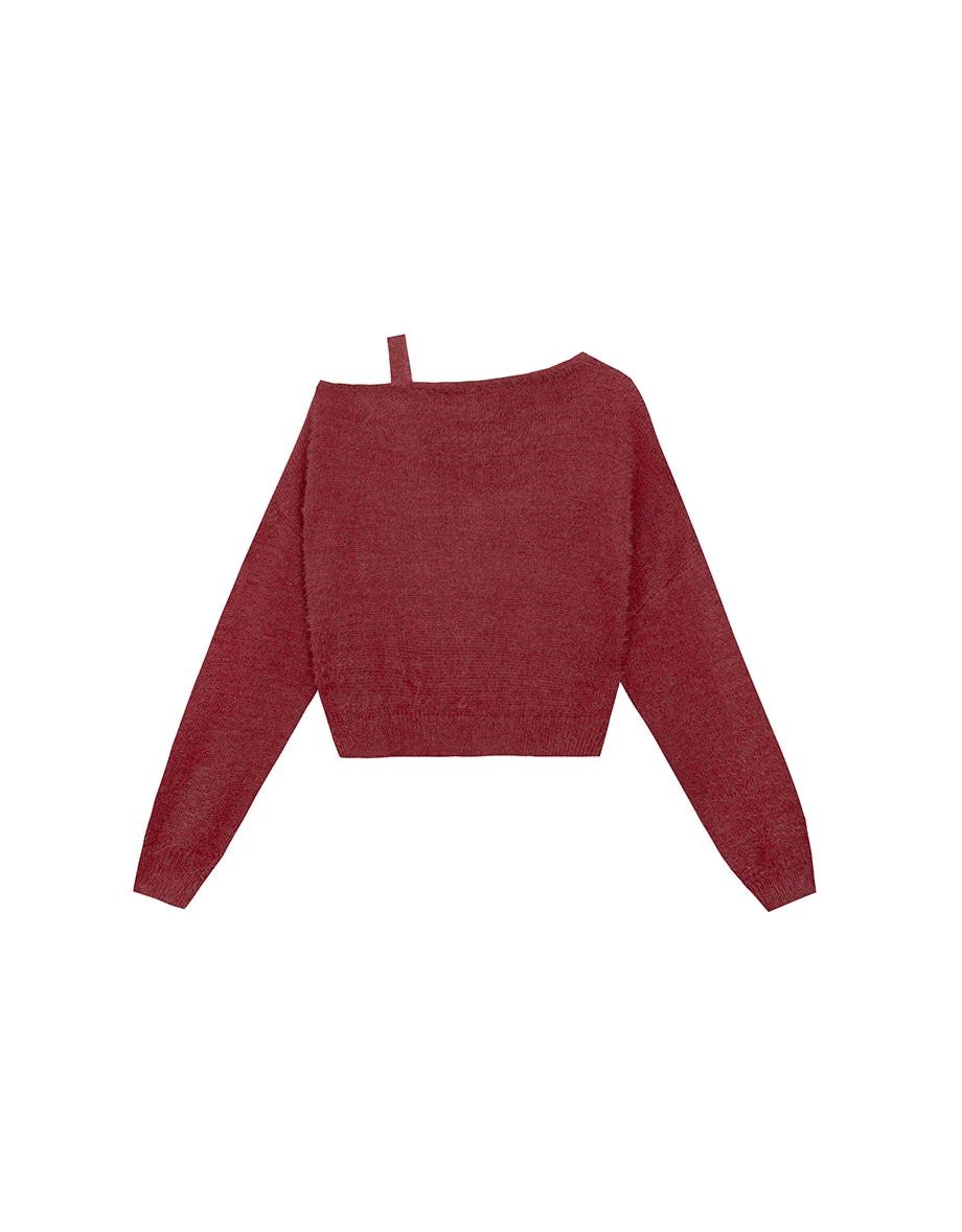Asymmetric Shoulder Strap Fluffy Knit Long Sleeve Top