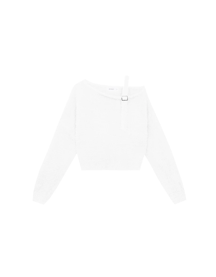 Asymmetric Shoulder Strap Fluffy Knit Long Sleeve Top
