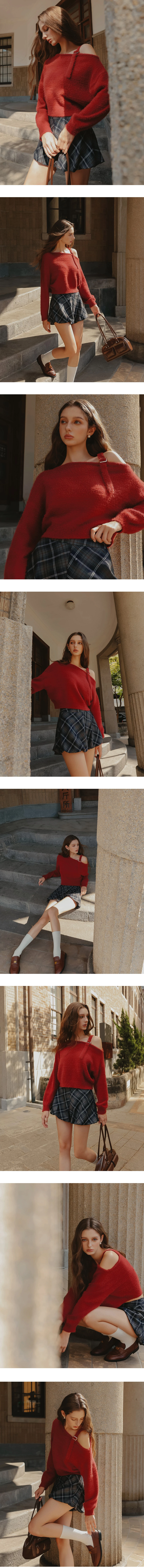 Asymmetric Shoulder Strap Fluffy Knit Long Sleeve Top