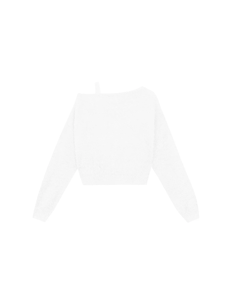 Asymmetric Shoulder Strap Fluffy Knit Long Sleeve Top