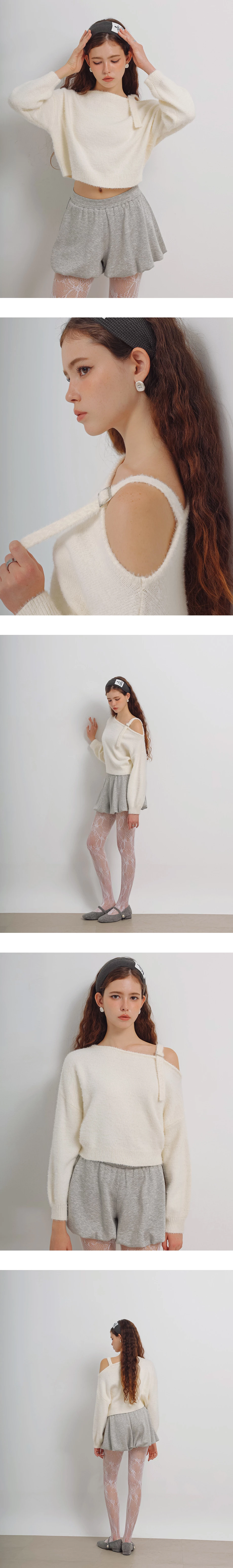 Asymmetric Shoulder Strap Fluffy Knit Long Sleeve Top