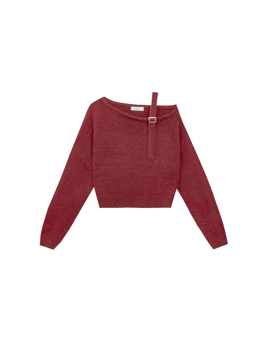 Asymmetric Shoulder Strap Fluffy Knit Long Sleeve Top