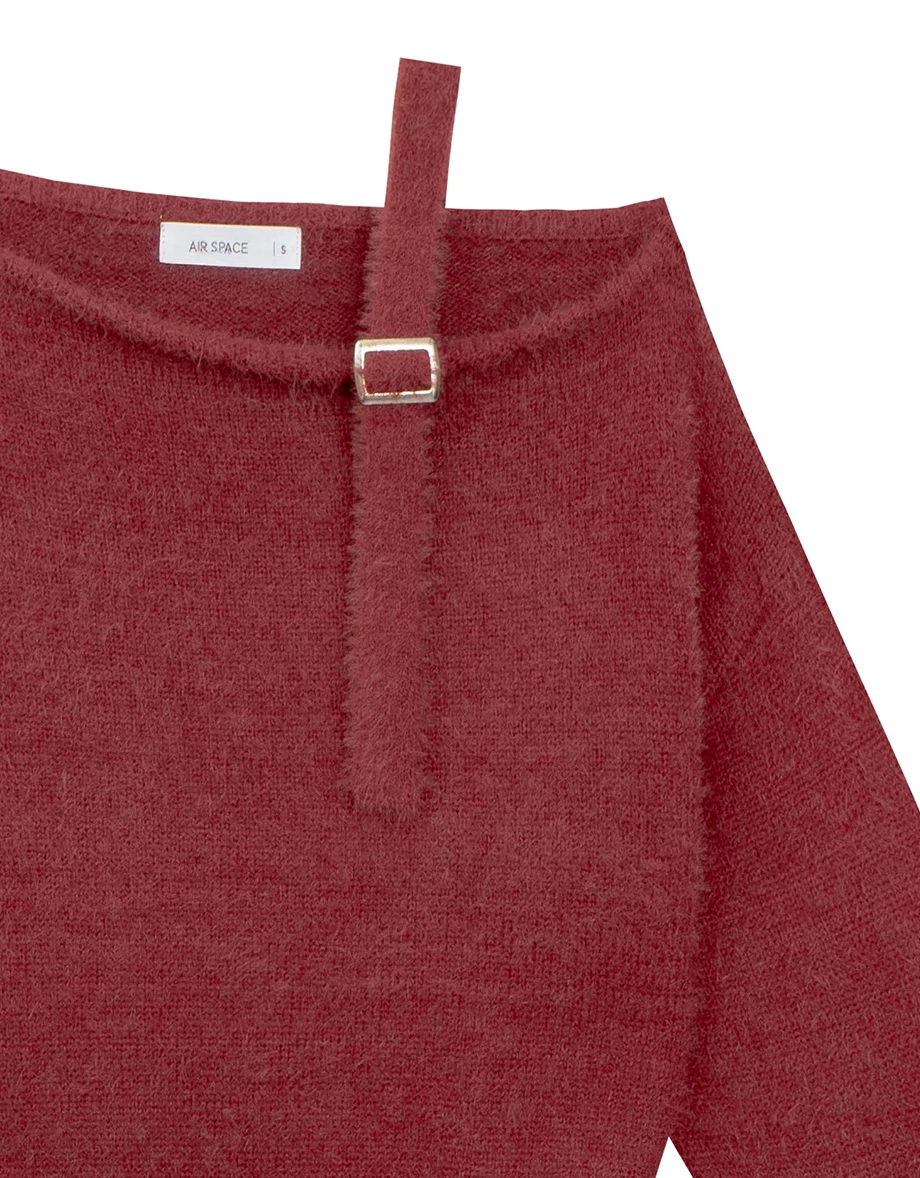 Asymmetric Shoulder Strap Fluffy Knit Long Sleeve Top