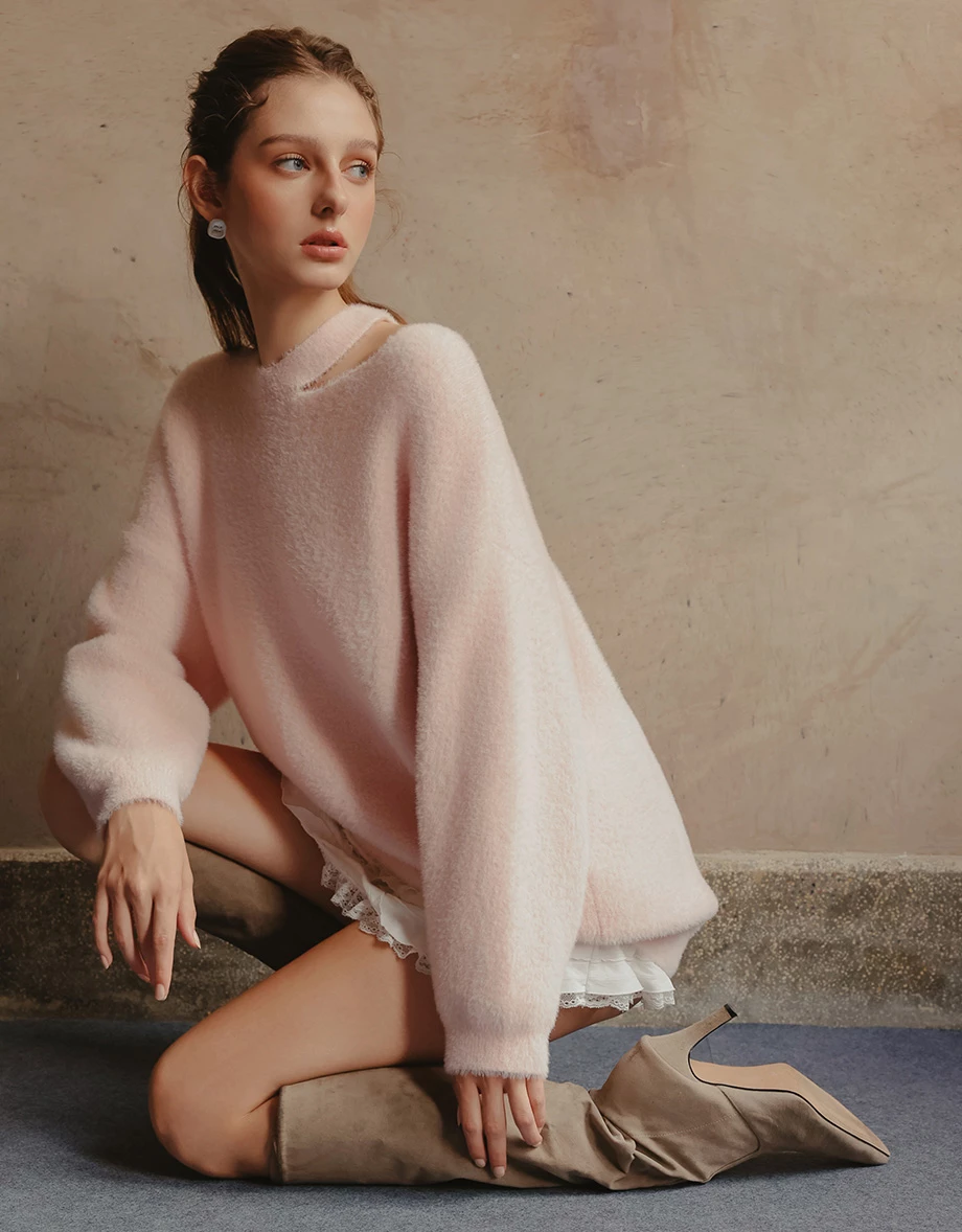 Asymmetric Cut Out Neckline Soft Fluffy Knit Sweater Asymmetric Cut Out Neckline Soft Fluffy Knit Sweater