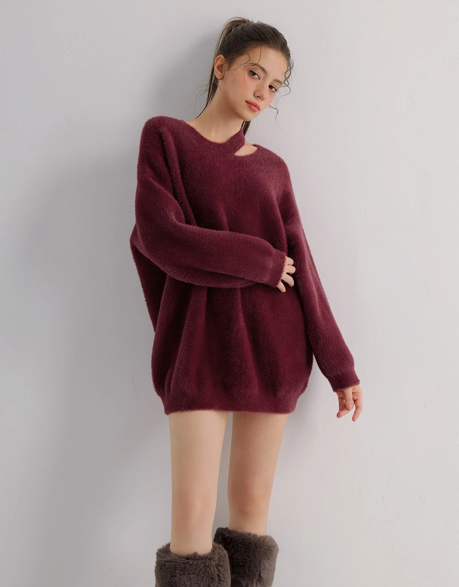 Asymmetric Cut Out Neckline Soft Fluffy Knit Sweater