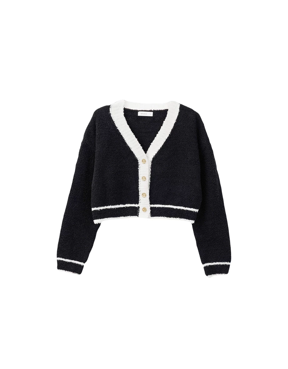 Contrast Trim Fluffy Knit Cardigan with Gold Button Accents Contrast Trim Fluffy Knit Cardigan with Gold Button Accents