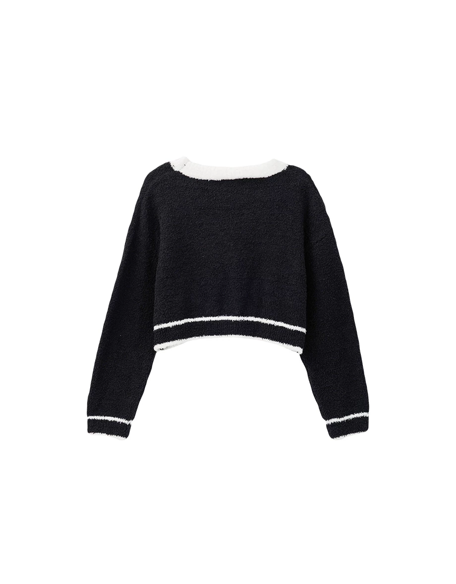 Contrast Trim Fluffy Knit Cardigan with Gold Button Accents Contrast Trim Fluffy Knit Cardigan with Gold Button Accents