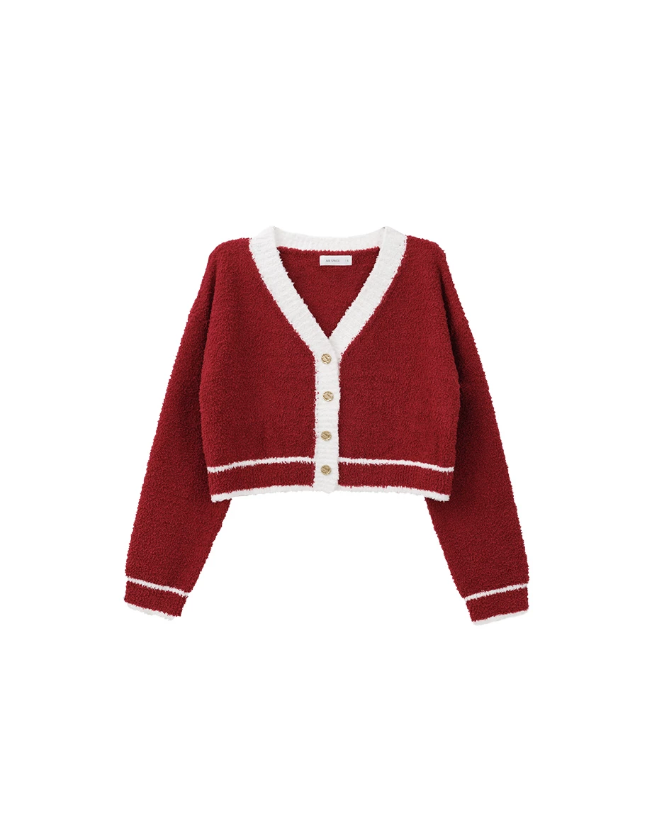 Contrast Trim Fluffy Knit Cardigan with Gold Button Accents Contrast Trim Fluffy Knit Cardigan with Gold Button Accents