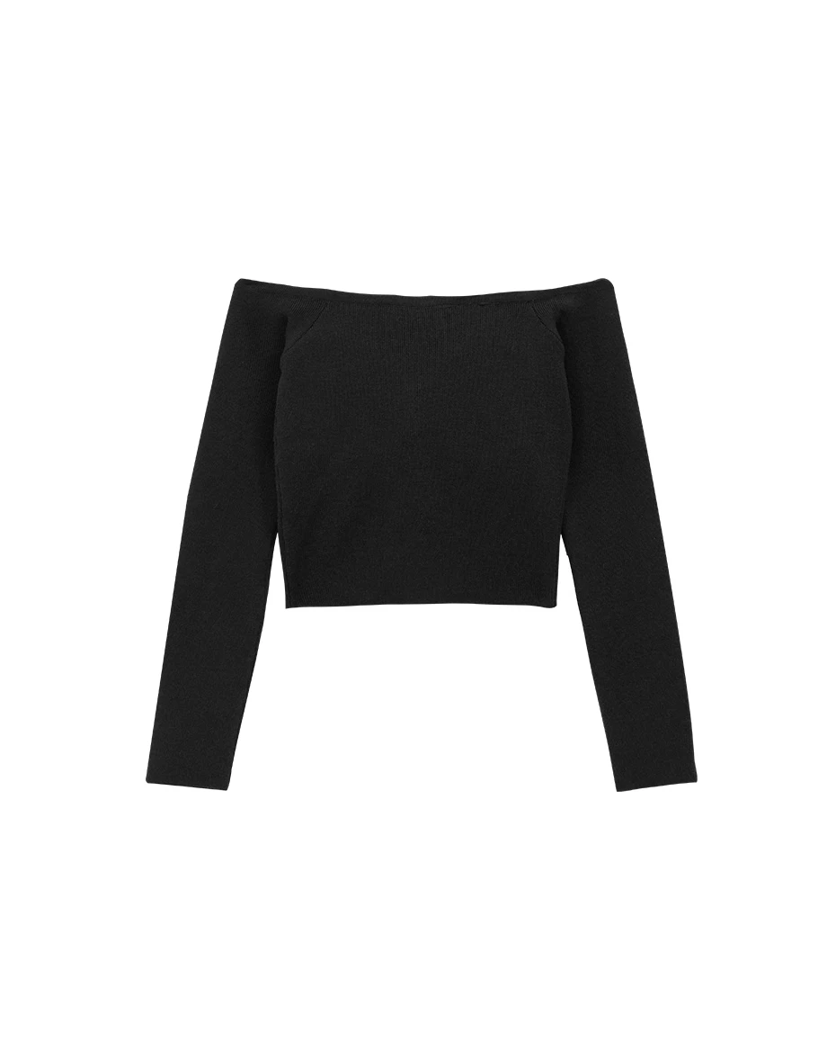Off Shoulder Ribbed Knit Long Sleeve Padded Bra Top with Velvet Tie Detail Off Shoulder Ribbed Knit Long Sleeve Padded Bra Top with Velvet Tie Detail