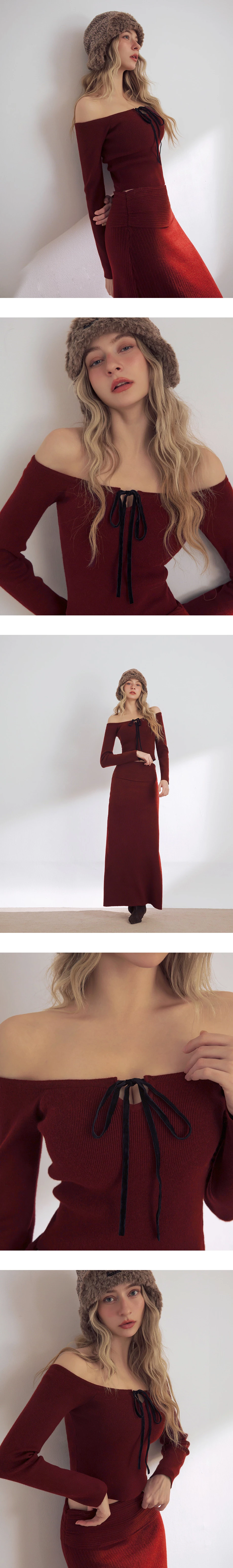 Off Shoulder Ribbed Knit Long Sleeve Padded Bra Top with Velvet Tie Detail