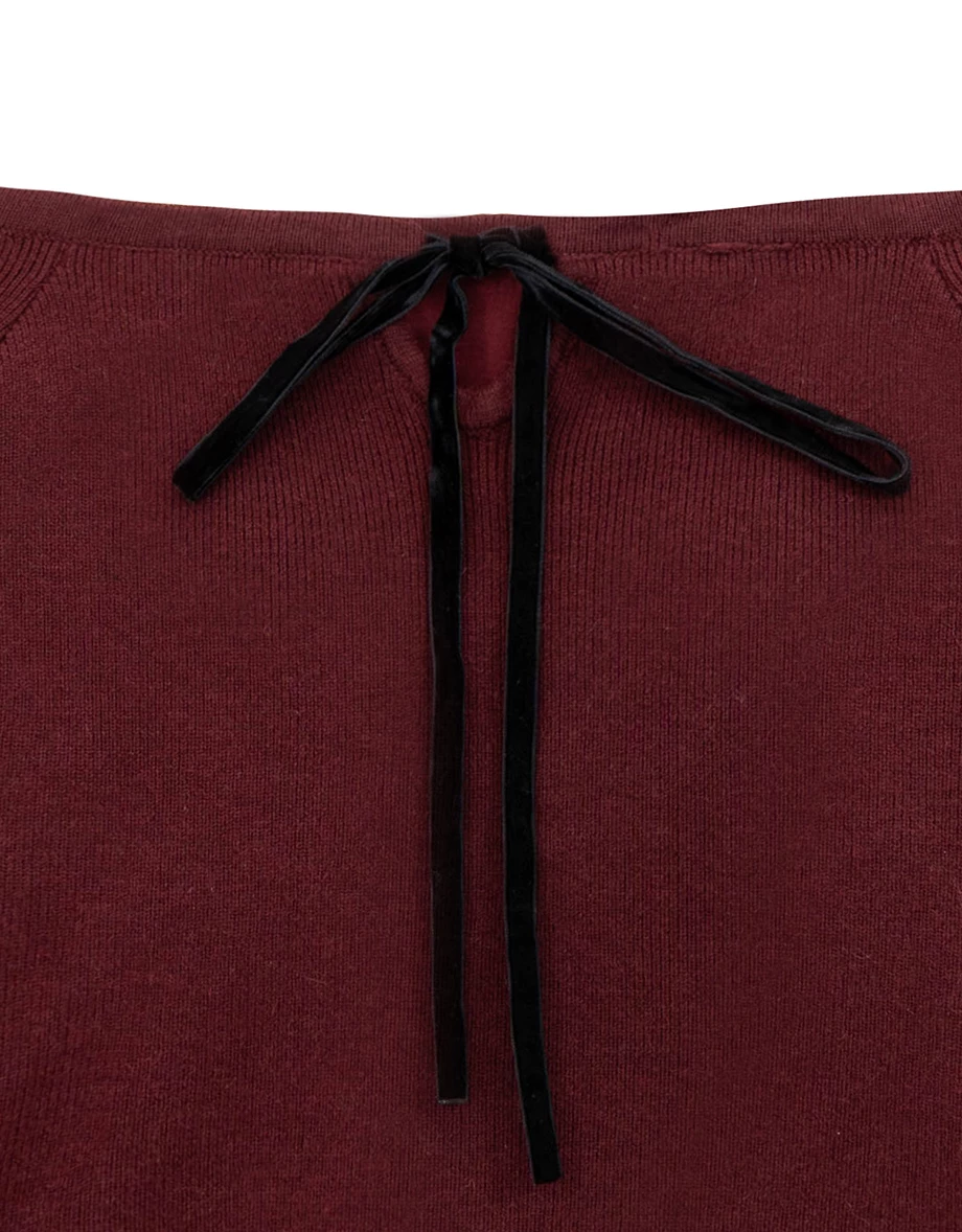 Off Shoulder Ribbed Knit Long Sleeve Padded Bra Top with Velvet Tie Detail