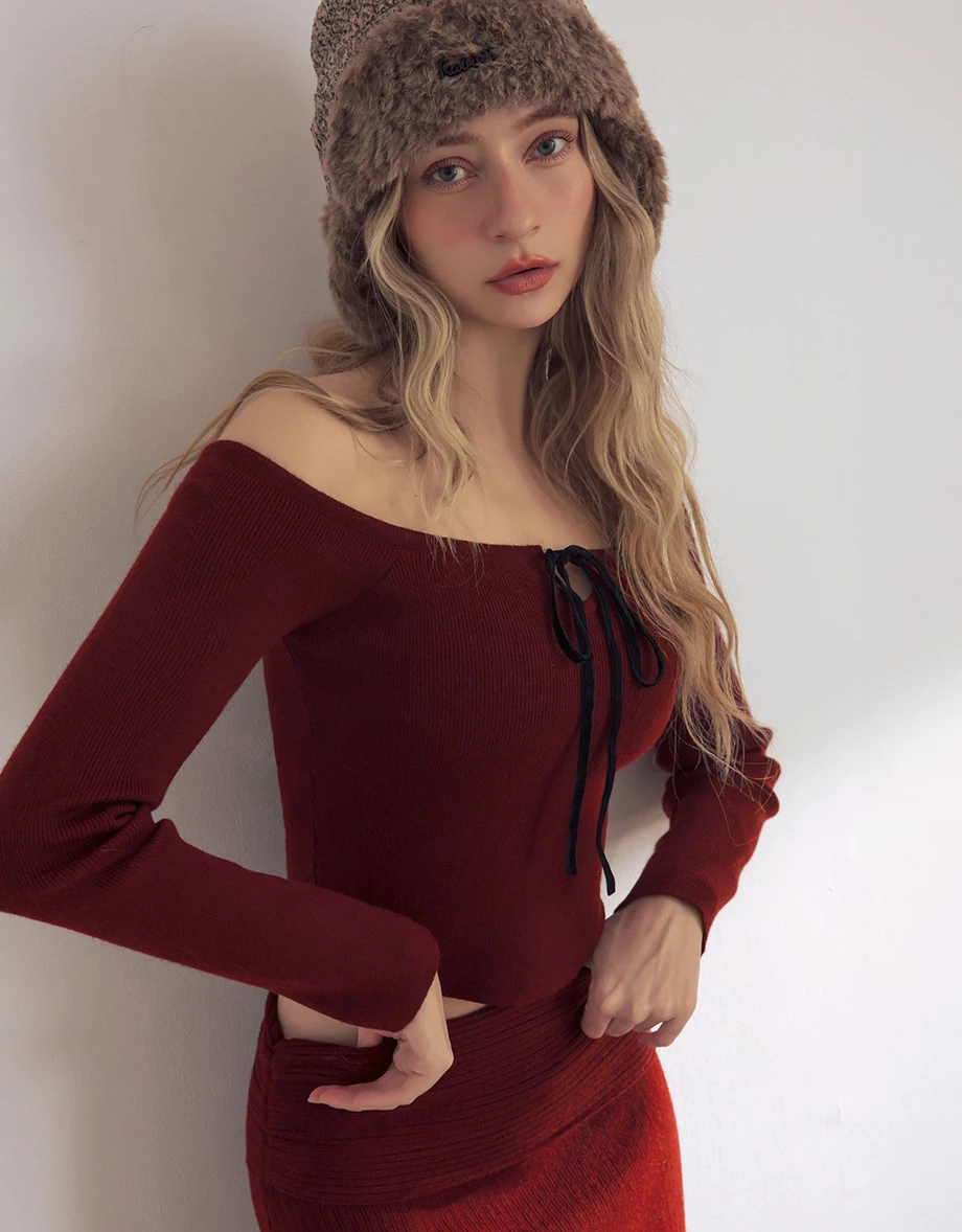 Off Shoulder Ribbed Knit Long Sleeve Padded Bra Top with Velvet Tie Detail