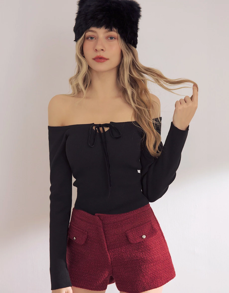 Off Shoulder Ribbed Knit Long Sleeve Padded Bra Top with Velvet Tie Detail