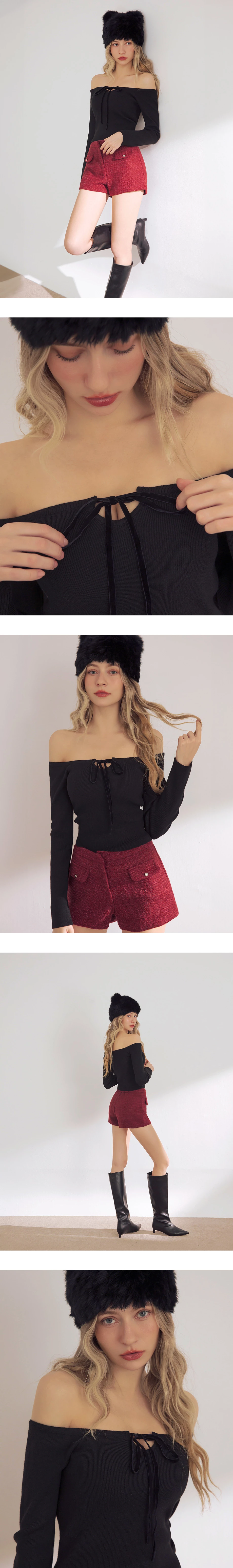 Off Shoulder Ribbed Knit Long Sleeve Padded Bra Top with Velvet Tie Detail Off Shoulder Ribbed Knit Long Sleeve Padded Bra Top with Velvet Tie Detail