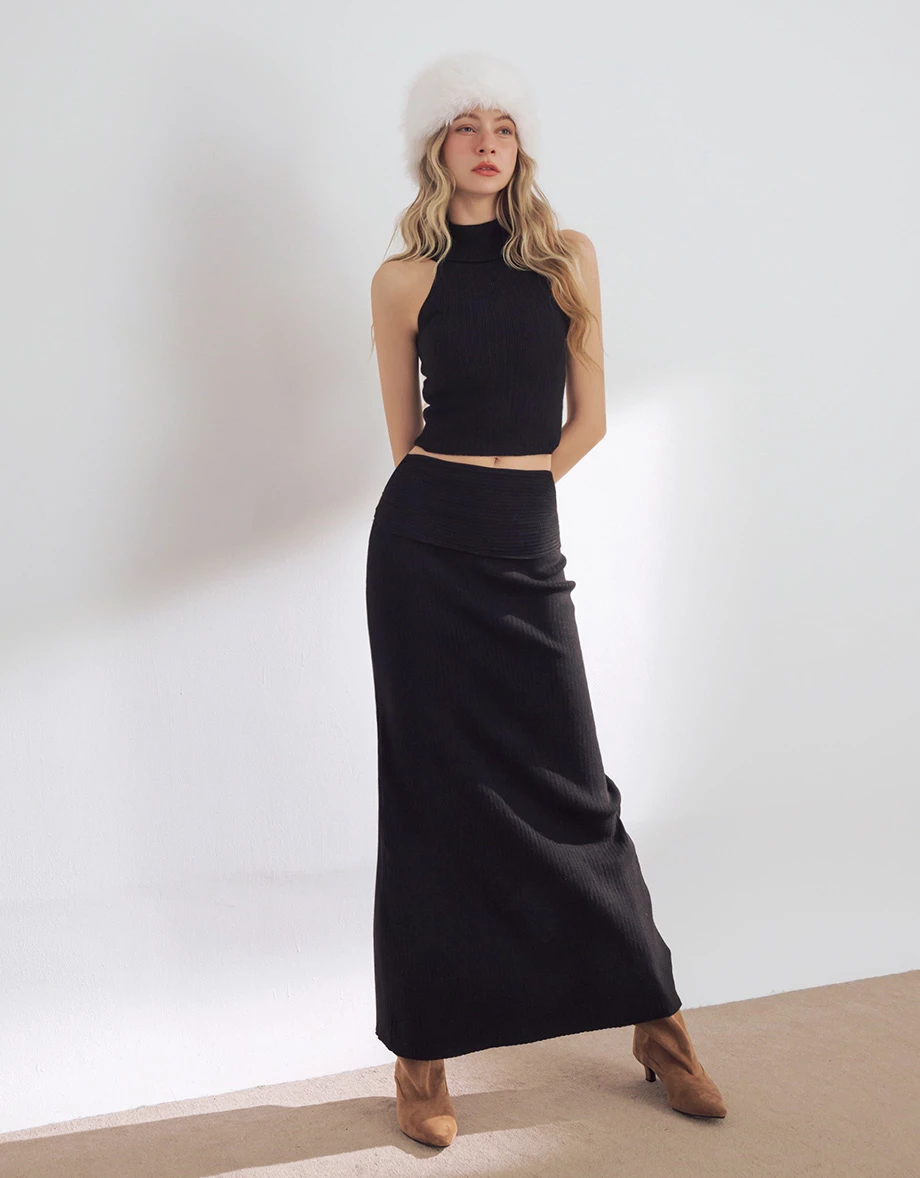 Sleeveless Turtleneck Ribbed Knit Plain Crop Padded Tank Top