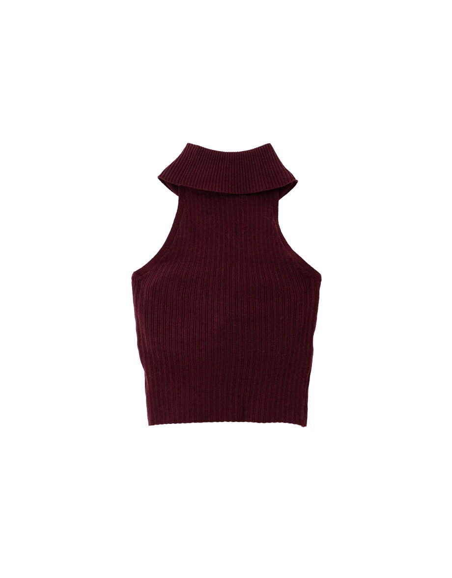 Sleeveless Turtleneck Ribbed Knit Plain Crop Padded Tank Top