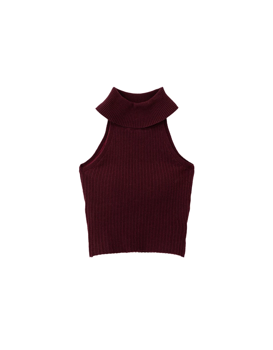 Sleeveless Turtleneck Ribbed Knit Plain Crop Padded Tank Top