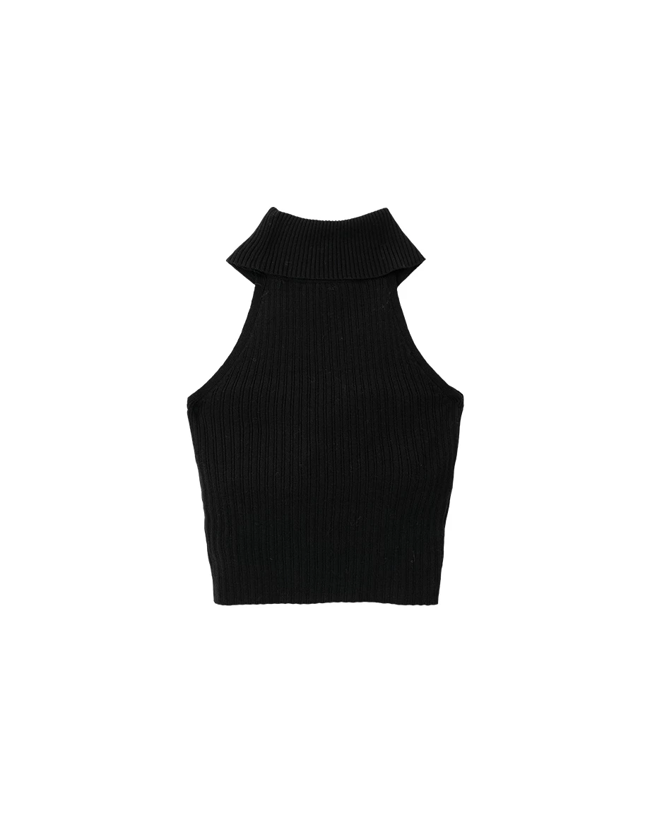 Sleeveless Turtleneck Ribbed Knit Plain Crop Padded Tank Top