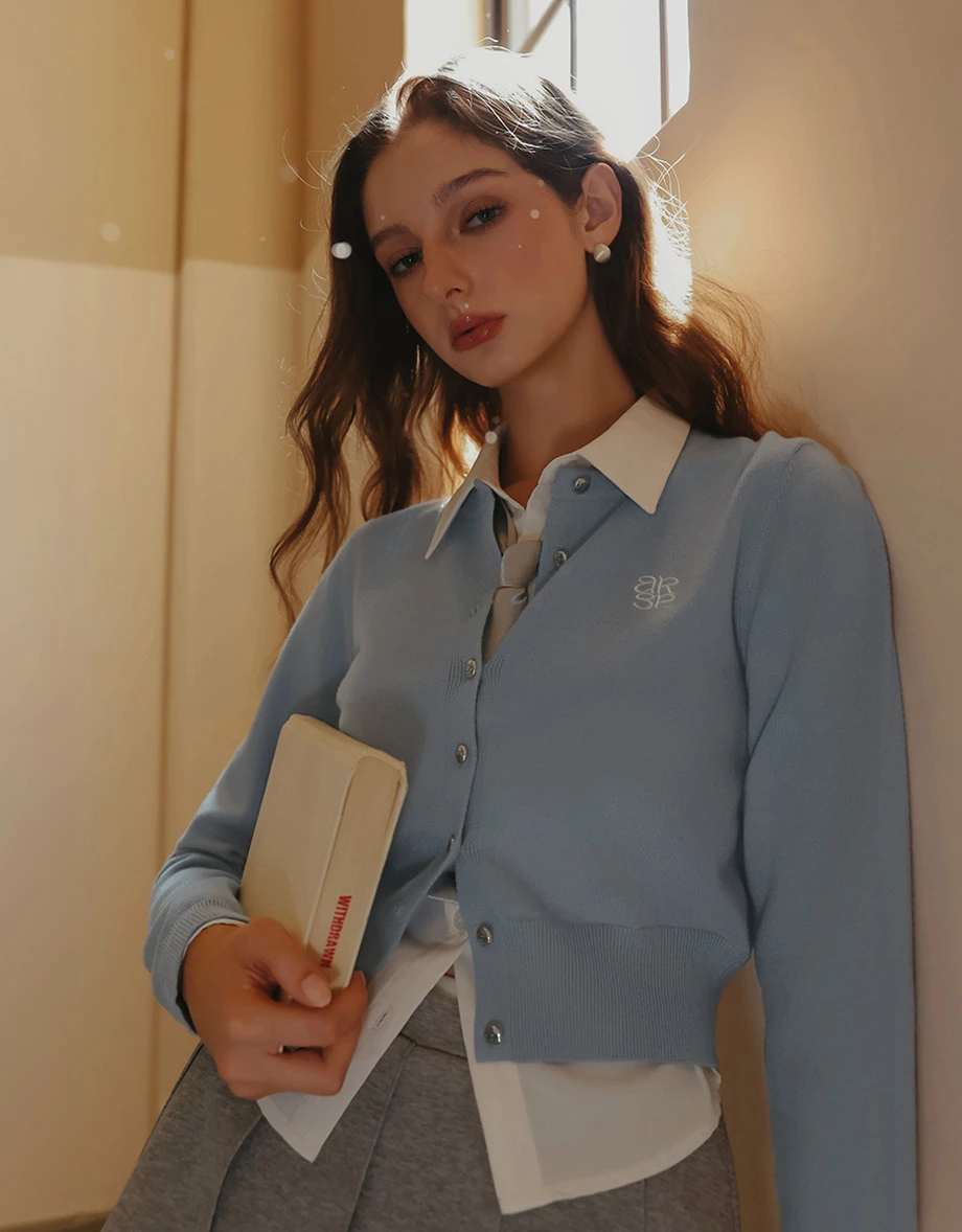 Classic Round Neck Buttoned Knit Cardigan with AIR SPACE Logo Embroidery