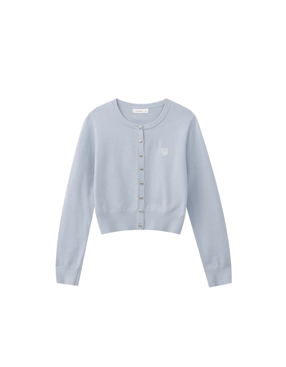 Classic Round Neck Buttoned Knit Cardigan with AIR SPACE Logo Embroidery