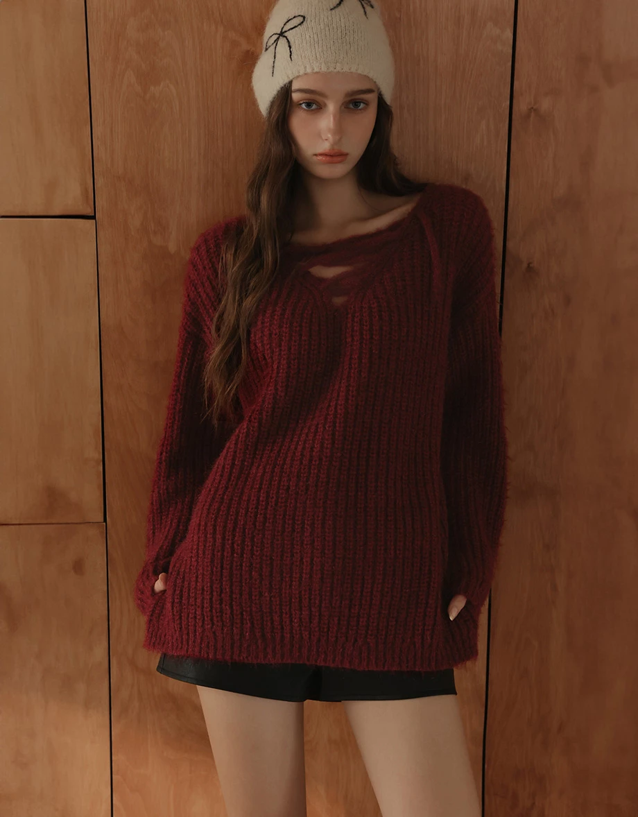 Reversible V Neck Lace Up Fluffy Knit Sweater Reversible V Neck Lace Up Fluffy Knit Sweater