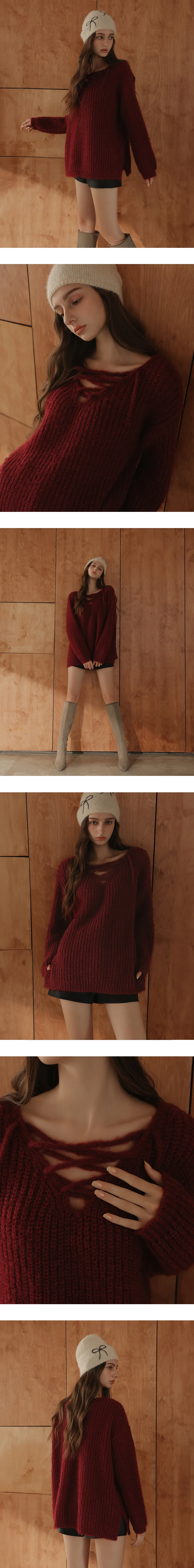 Reversible V Neck Lace Up Fluffy Knit Sweater Reversible V Neck Lace Up Fluffy Knit Sweater