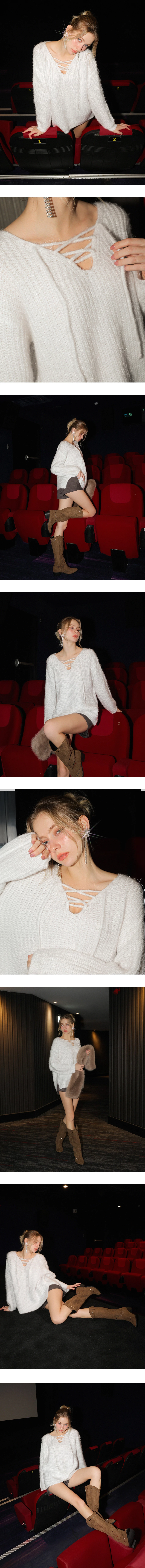 Reversible V Neck Lace Up Fluffy Knit Sweater Reversible V Neck Lace Up Fluffy Knit Sweater