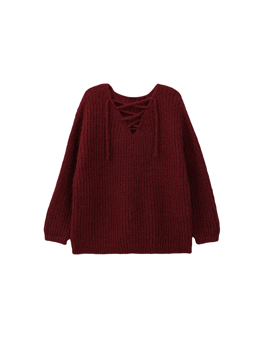 Reversible V Neck Lace Up Fluffy Knit Sweater Reversible V Neck Lace Up Fluffy Knit Sweater