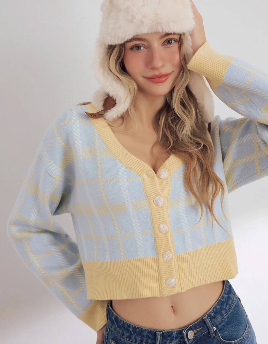 Vintage Inspired Plaid V Neck Cropped Knit Cardigan Vintage Inspired Plaid V Neck Cropped Knit Cardigan