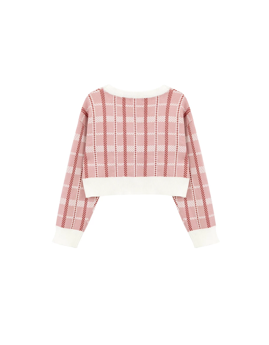 Vintage Inspired Plaid V Neck Cropped Knit Cardigan