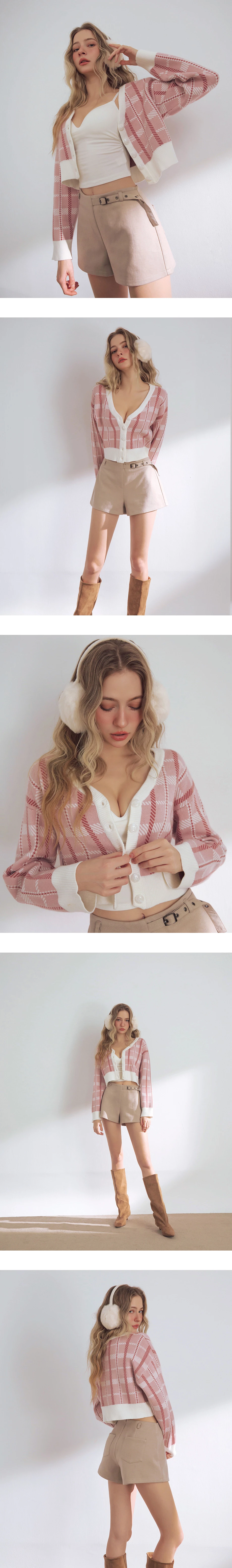 Vintage Inspired Plaid V Neck Cropped Knit Cardigan
