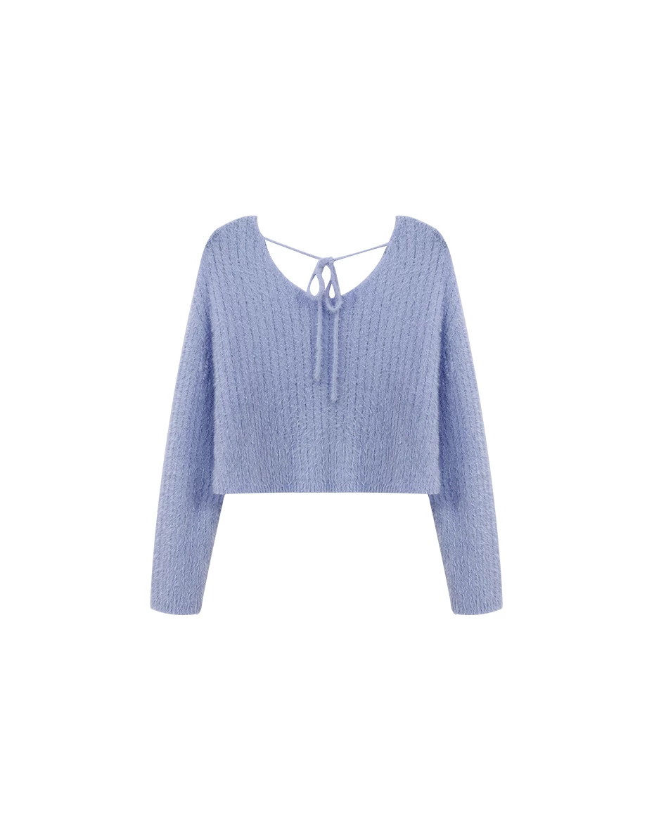 Reversible Furry Knit Cropped Sweater with Tie Detail