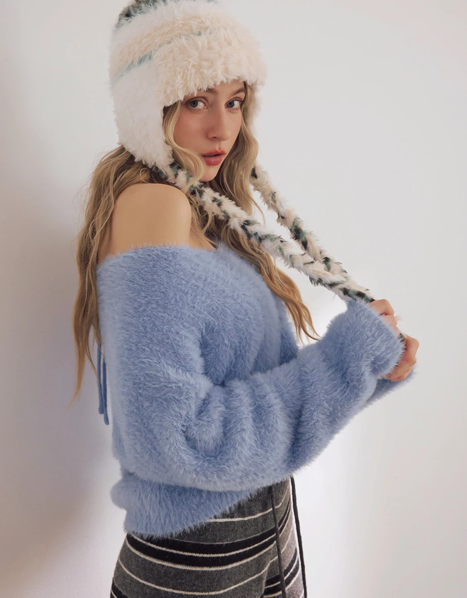 Reversible Furry Knit Cropped Sweater with Tie Detail