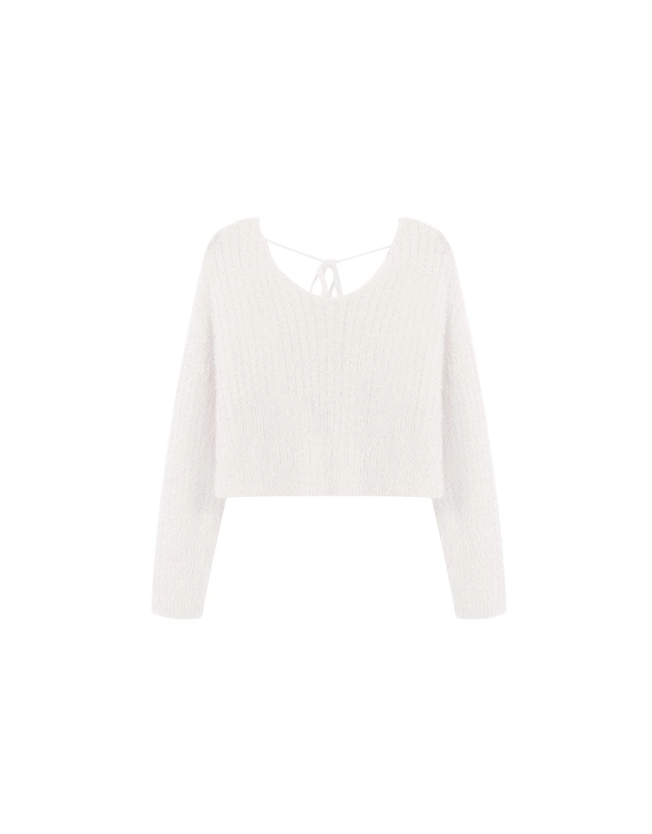 Reversible Furry Knit Cropped Sweater with Tie Detail