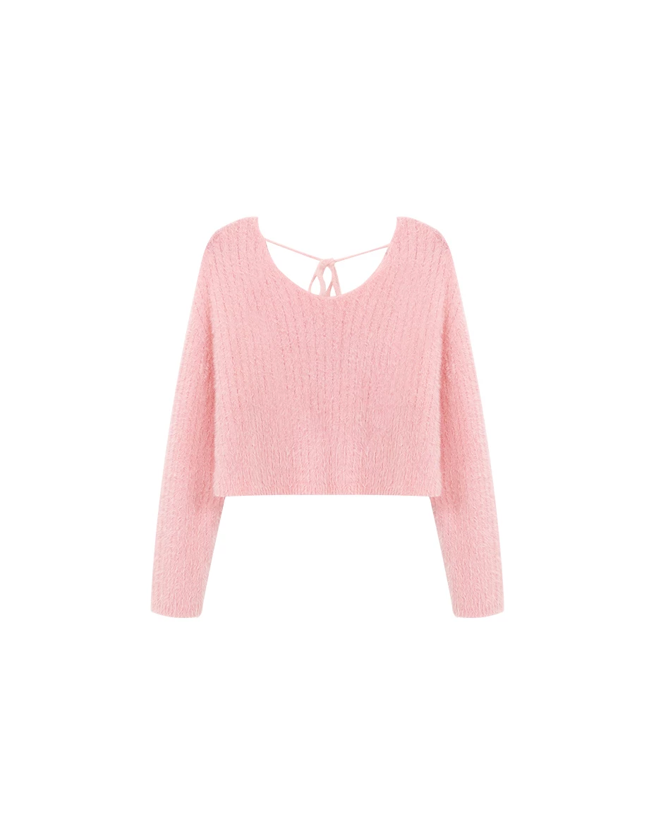 Reversible Furry Knit Cropped Sweater with Tie Detail