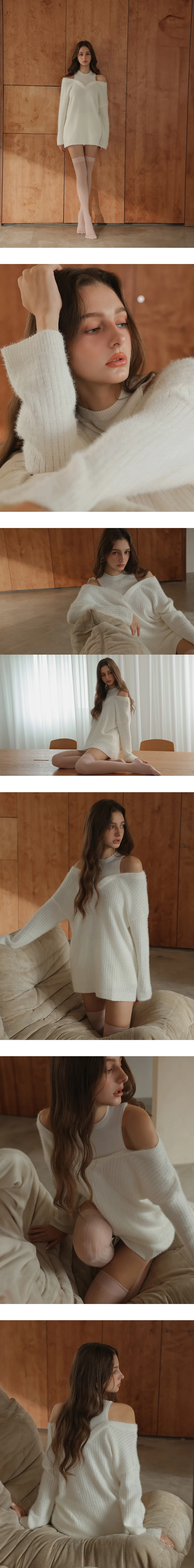 Faux 2 Piece Cold Shoulder V Neck Fluffy Knit Sweater Faux 2 Piece Cold Shoulder V Neck Fluffy Knit Sweater