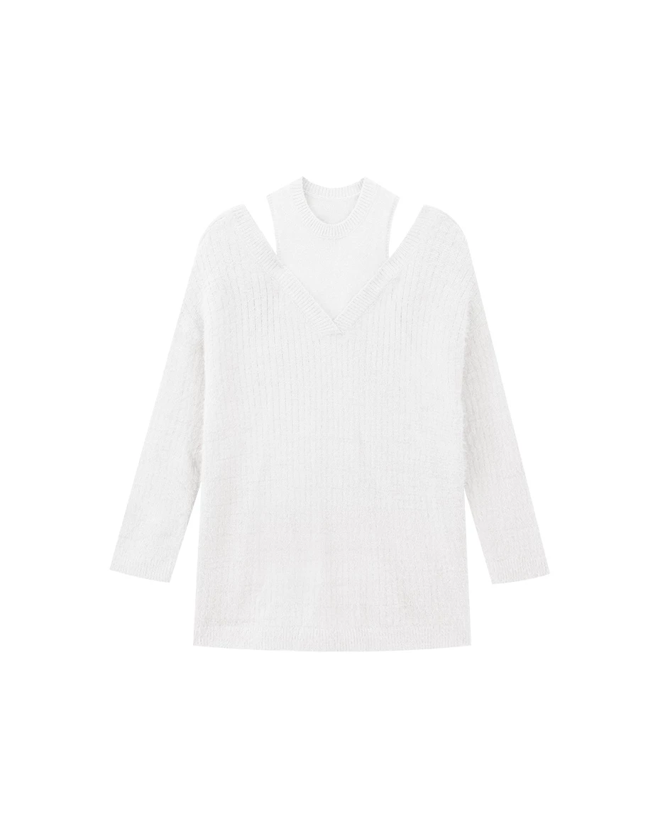 Faux 2 Piece Cold Shoulder V Neck Fluffy Knit Sweater