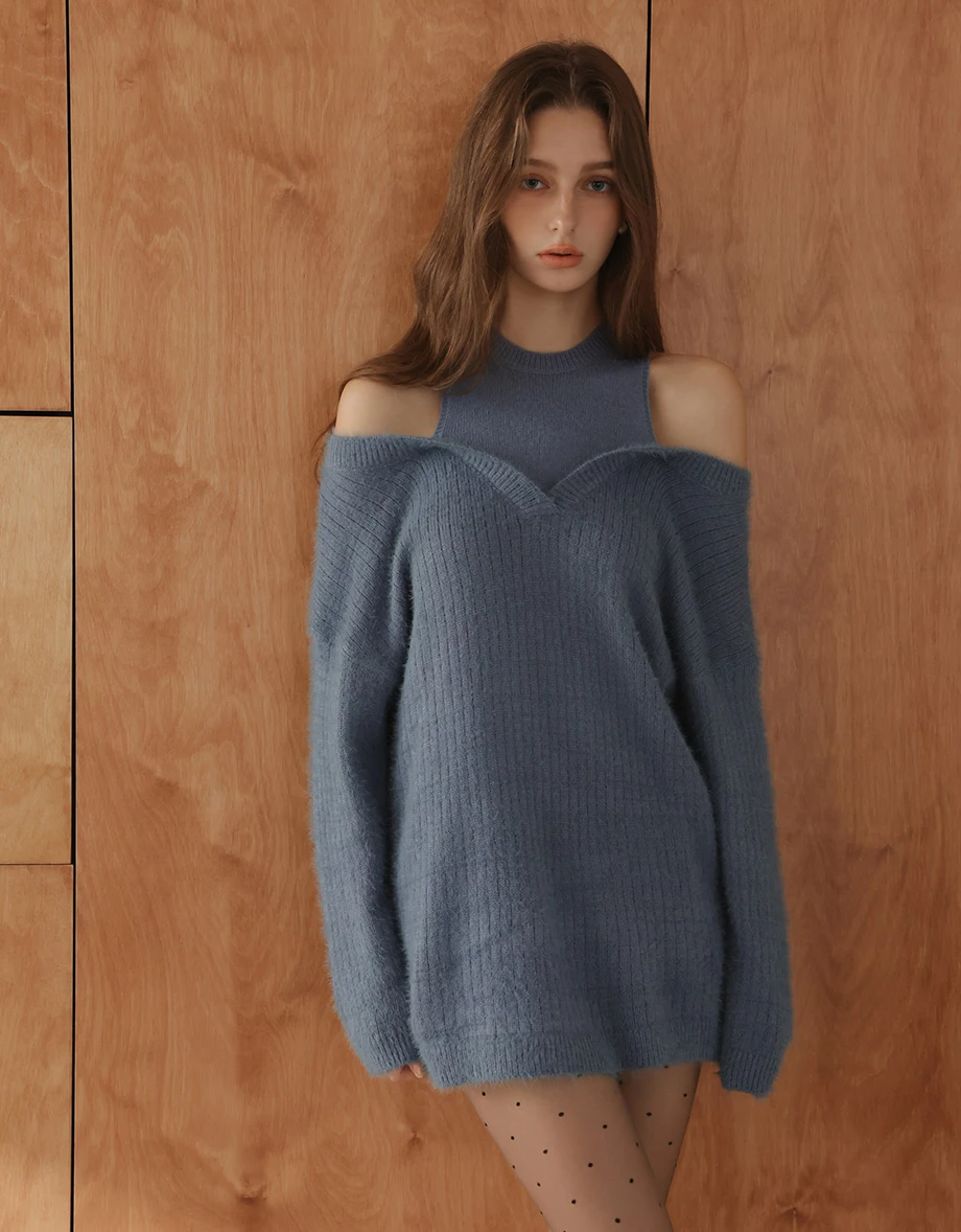 Faux 2 Piece Cold Shoulder V Neck Fluffy Knit Sweater