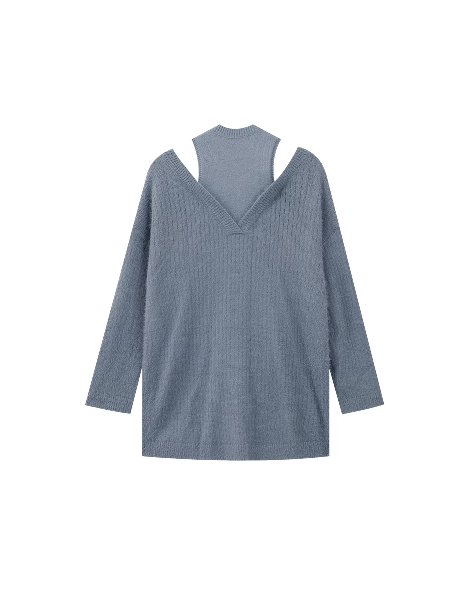 Faux 2 Piece Cold Shoulder V Neck Fluffy Knit Sweater