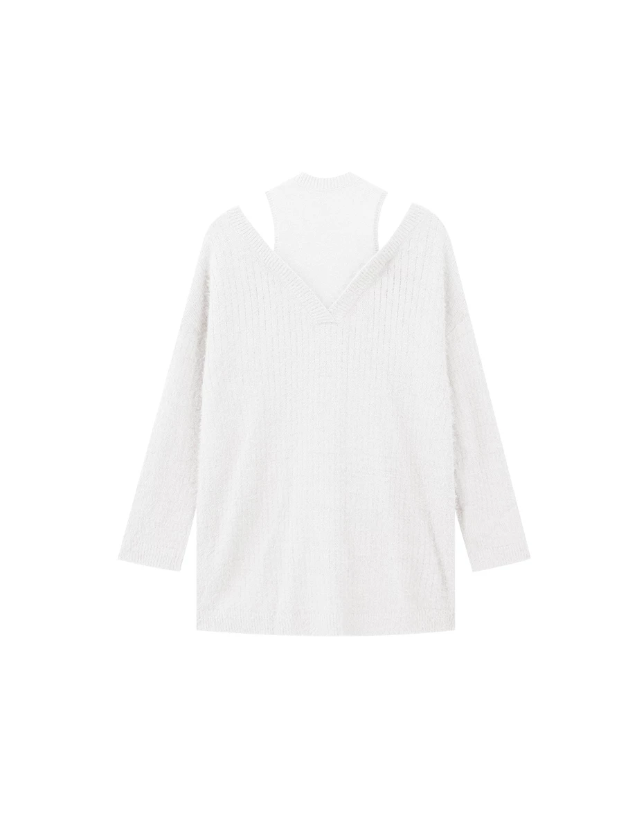 Faux 2 Piece Cold Shoulder V Neck Fluffy Knit Sweater Faux 2 Piece Cold Shoulder V Neck Fluffy Knit Sweater