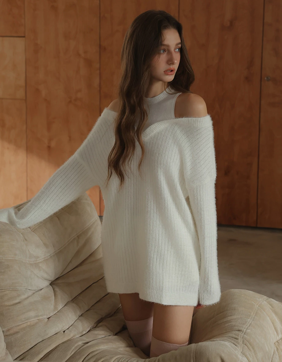 Faux 2 Piece Cold Shoulder V Neck Fluffy Knit Sweater Faux 2 Piece Cold Shoulder V Neck Fluffy Knit Sweater