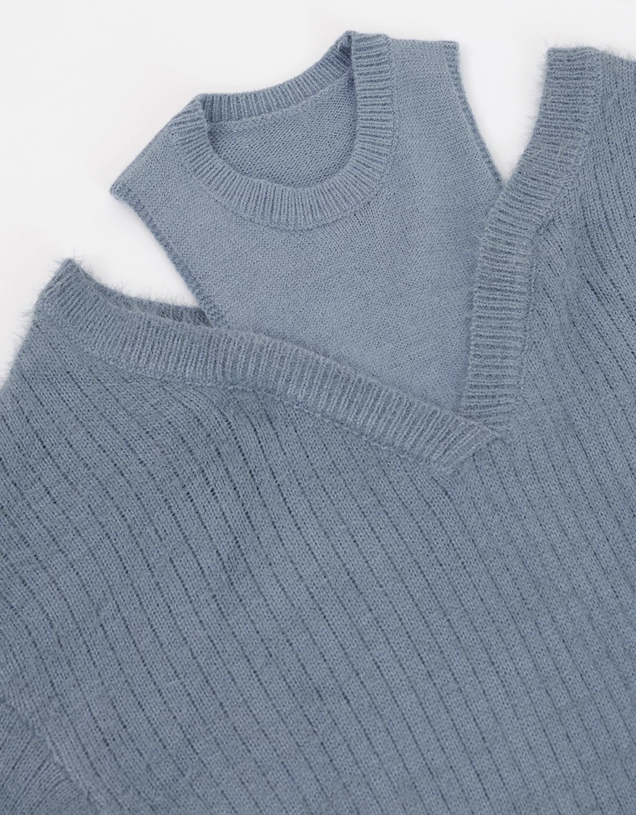 Faux 2 Piece Cold Shoulder V Neck Fluffy Knit Sweater